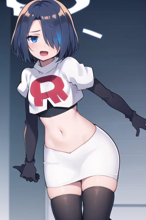 1girl,  kirishima touka, blue hair, hair over one eye, blue eyes, team rocket,team rocket uniform,white skirt,red letter R,crop top,black thigh-highs,black elbow gloves