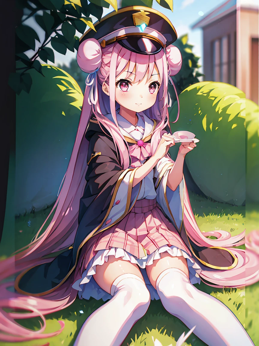 Highest quality、8Kmasterpiece、Draw a detailed face、ish girl、pink lolita outfit、(((whole body)))、Cute pose、Professional Lighting、Happy expression、Shiny black hair、Perfect Anatomy、Sitting in a green meadow,Sitting Girl,masterpiece, Highest quality, High resolution, {finelyて美しい目}, finely, finelyて美しい目,1 girl, (alone:1.5), (Hair Ribbon:0.4), Pink Eyes,Movie angle,perspective,White bun hair,Long pink hair,