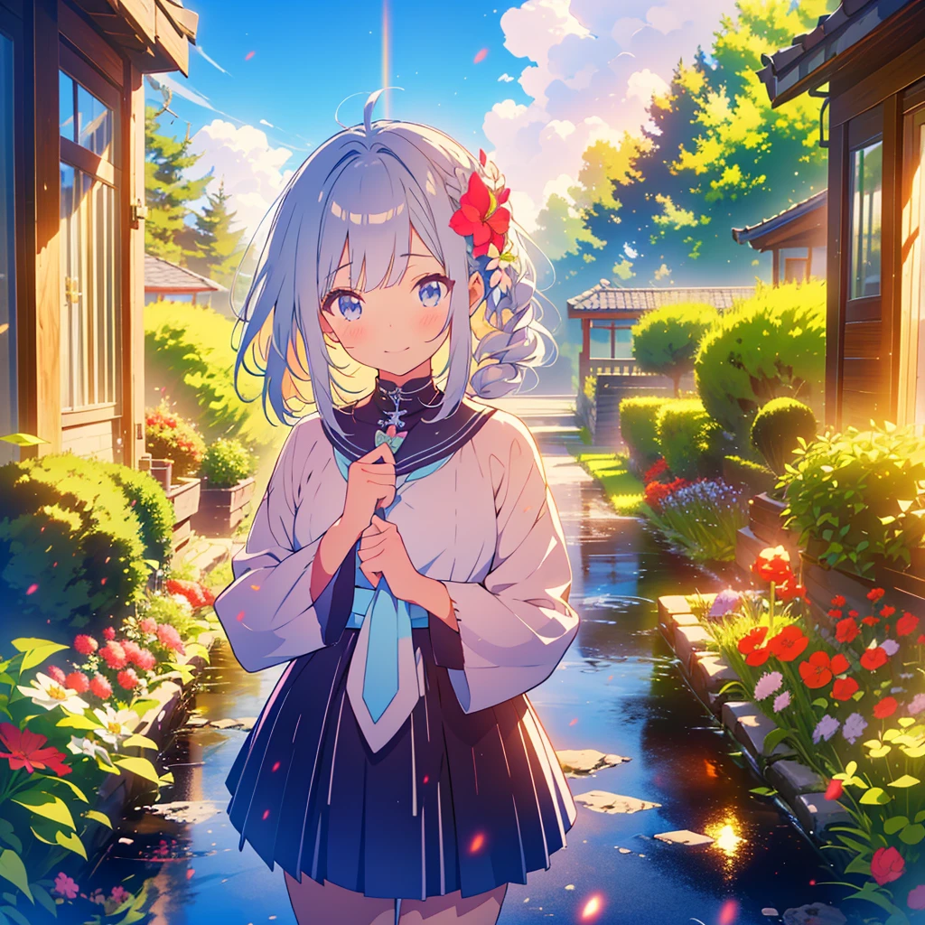 kawaii, anime, Cute, hyper quality, highly detailed, 16k, Front facing, Clarity, full body, one twenty year old woman, butler uniform, Shining long silver hair, lapis lazuli eyes, amaryllis, amaryllis flower, flower town, Draw facial expressions in detail, daytime, blue sky, after the rain, wet amaryllis, wet road, medieval castle town, rainbow, particles of light, vivid sky, Pose with movement, bright amaryllis, colorful amaryllis, Amaryllis in full bloom, smile, 