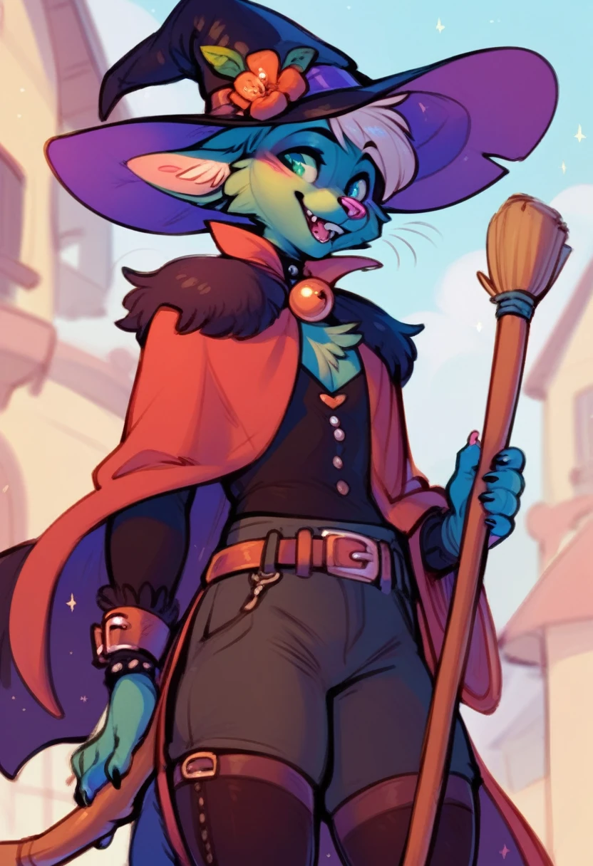 A anthropomorphic male black cat with a witch hat and outfit holding a broom