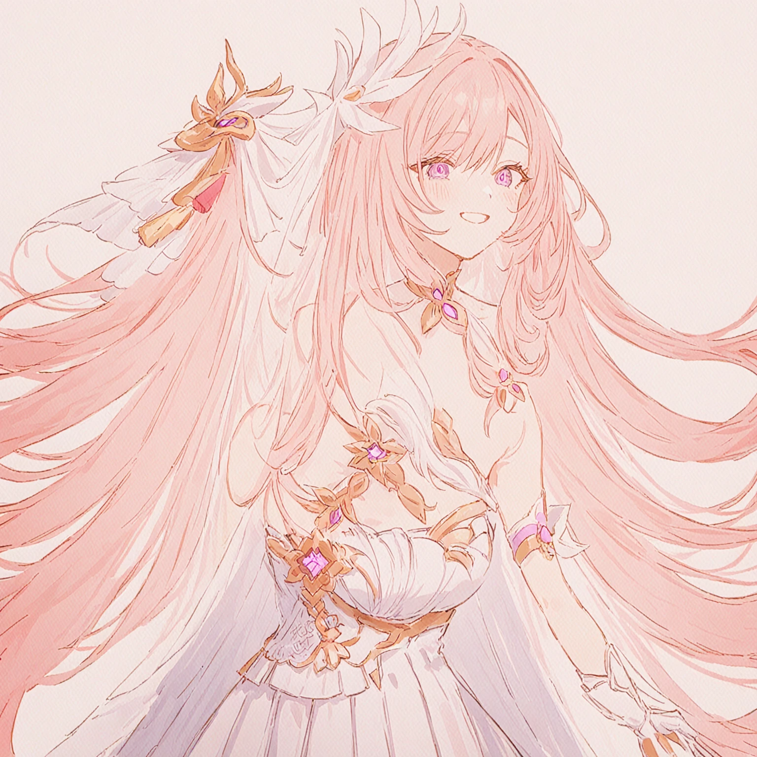1 Girl, Solitary, Close one eye, white Gloves, Gloves, skirt, Looking at the audience, Smile, white skirt, Shut up, Bare shoulders, breast, Symbol-shaped pupil, Simple background, Very long hair