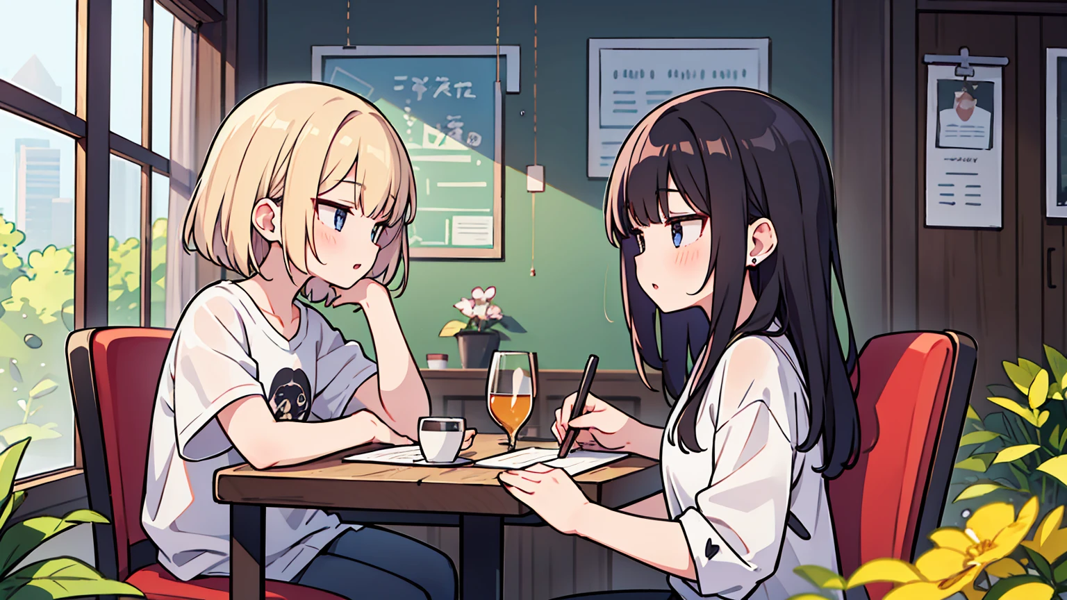 (masterpiece, best quality),18 years old, 2 women, black long hair,golden bob, different faces, modern design cafe,inside, stylish outfit, chapped lips, Rainy day, casual attire,sony headset, whole body, from the side, study at the table,My eyes are on the note, stylish outfit, inside는 굉장히 힙한 디자인

