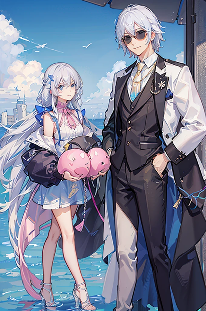 Adult male,Off-white hair,Eyes as blue as the sky,Pink sunglasses,Pink suit,Gold round earrings,Host,Smile