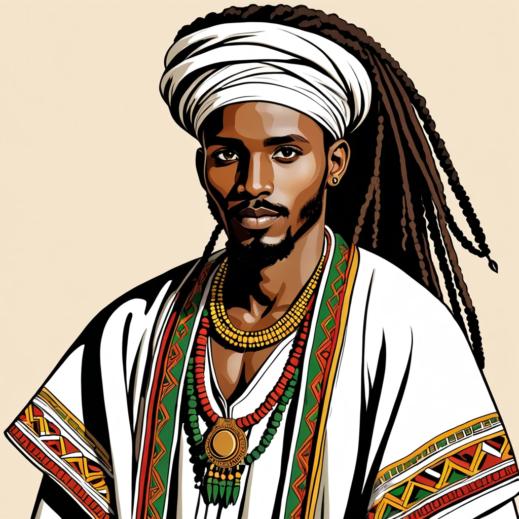 man in ethiopean folk outfit, vector graphics, strong contours
