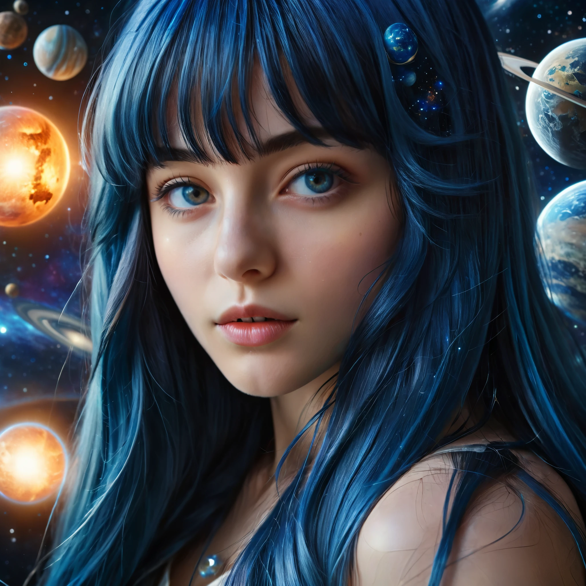 a photo of a handsome girl with long blue hair,  bangs, and detailed face looking at the viewer, stunning detailed portrait of anesimar flying in space, detailed galaxy and planets, 4k, best quality, extremely detailed, masterpiece, realistic, photo-realistic, ultra-fine painting, vivid colors, studio lighting