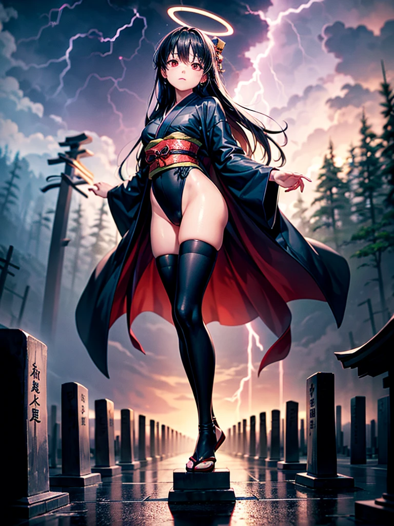 Highest Resolution,Highest quality,A beautiful girl with no expression in a black kimono leotard,(((No legs))),High leg,Floating in the air,Very beautiful red eyes,Black hair semi-long hair,Halo,thunderstorm,Bad weather,Japanese Cemeteries,A road lined with gravestones,1Two Red Torii Gates,Company,Bamboo grove,lightning,Lightning strikes,whole body,up,front,