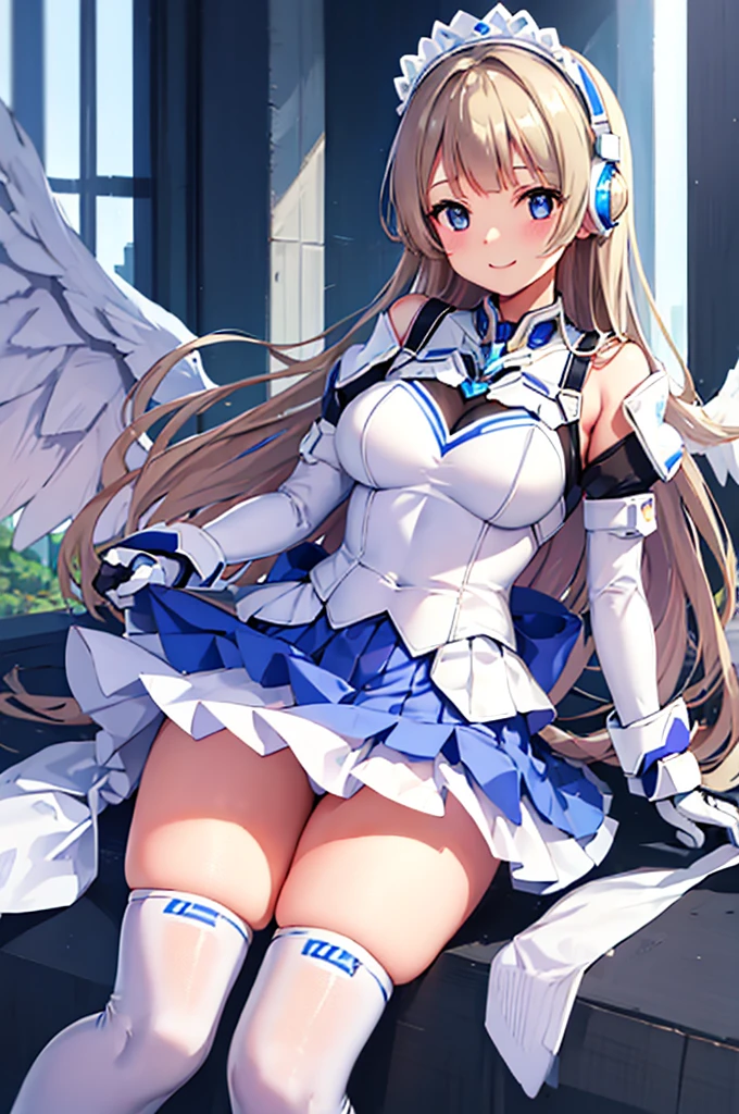 Mecha Wings、White and blue skirt、Accentuated thighs、White tights、chest、Beautiful golden hair、1 girl、solo girl、Thick thighs、IS、Frame Arms Girl、Alice Gere Aegis、White Armor、Blue and purple lines、income、headphone、hand on own chest、smile