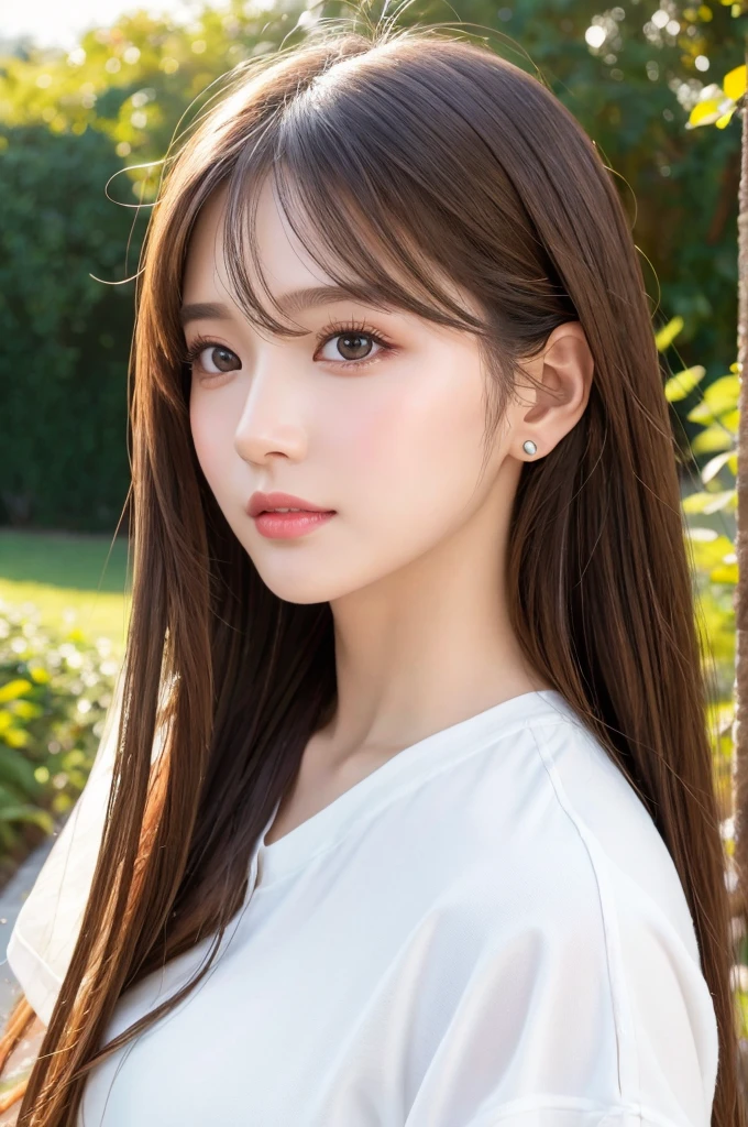 (Highest quality、Tabletop、8k、Best image quality、Award-winning works)、((profile:1.4))、ear、((Long Hair:1.46)),(Brown Hair)、(White casual clothes:1.2)、(The simplest pure white background:1.3)、(Perfectly fixed in front:1.1),(Portrait with Space:1.2)、Beautiful and exquisite、Perfect Makeup、Ultra-high definition beauty face、Ultra HD Hair、Ultra HD Shining Eyes、Super high quality glossy lip、Accurate anatomy、Very beautiful skin、(Pure white skin shining in ultra-high resolution:1.1)、(Very bright:1.2),Big Natural Color Lip、Lip gloss,Harajuku、cute、cute美人