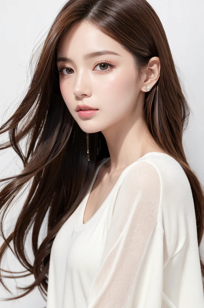 (Highest quality、Tabletop、8k、Best image quality、Award-winning works)、((profile:1.4))、ear、((Long Hair:1.46)),(Brown Hair)、(White casual clothes:1.2)、(The simplest pure white background:1.3)、(Perfectly fixed in front:1.1),(Portrait with Space:1.2)、Beautiful and exquisite、Perfect Makeup、Ultra-high definition beauty face、Ultra HD Hair、Ultra HD Shining Eyes、Super high quality glossy lip、Accurate anatomy、Very beautiful skin、(Pure white skin shining in ultra-high resolution:1.1)、(Very bright:1.2),Big Natural Color Lip、Lip gloss,Harajuku、cute、cute美人