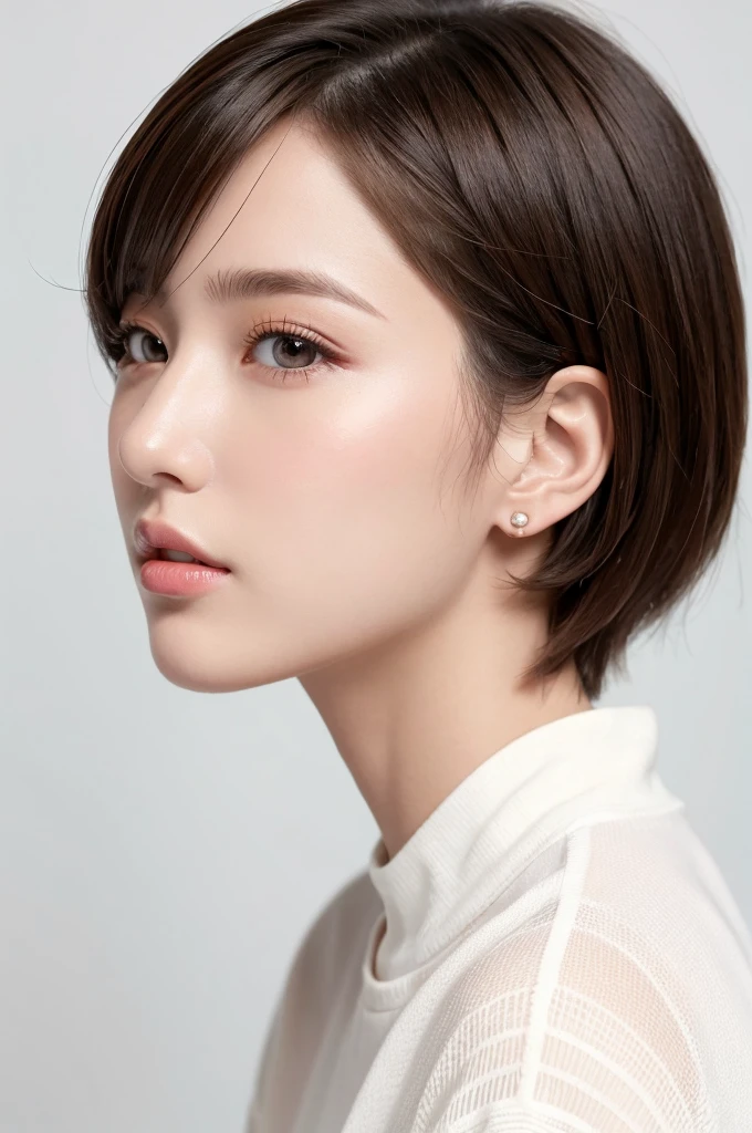 (Highest quality、Tabletop、8k、Best image quality、Award-winning works)、((profile:1.4))、ear、((short hair:1.46)),(Brown Hair)、(White casual clothes:1.2)、(The simplest pure white background:1.3)、(Perfectly fixed in front:1.1),(Portrait with Space:1.2)、Beautiful and exquisite、Perfect Makeup、Ultra-high definition beauty face、Ultra HD Hair、Ultra HD Shining Eyes、Super high quality glossy lip、Accurate anatomy、Very beautiful skin、(Pure white skin shining in ultra-high resolution:1.1)、(Very bright:1.2),Big Natural Color Lip、Lip gloss,Harajuku、cute、cute美人