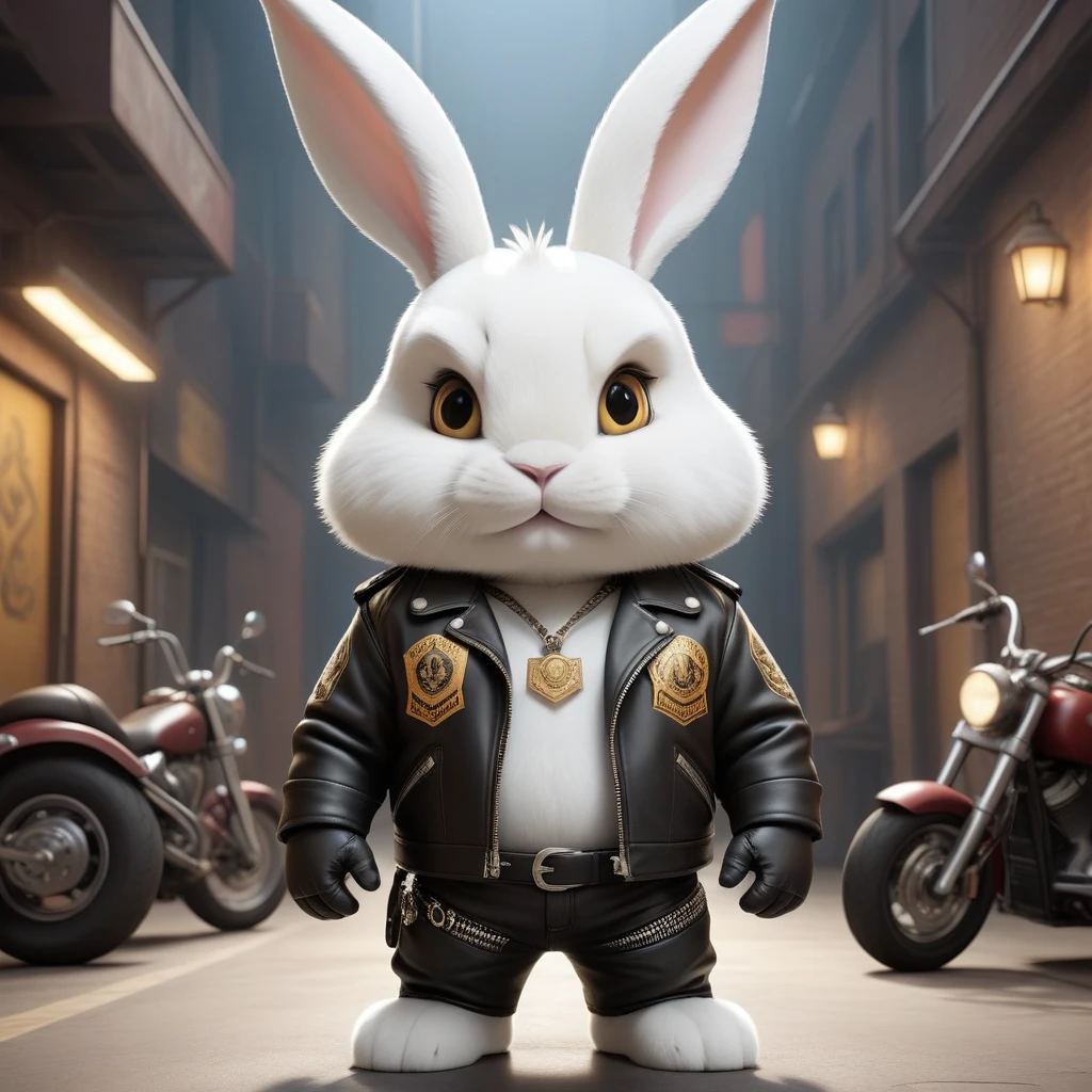 cartoon of (a tough rebel white golden bunny dressed as a biker gang, leather jacket, Mohican:2.5), looking ahead at viewer, Symmetrical, chromatic fantasy, highy detailed, 8k, digitalpainting, oil painting, illustration, conceptual artwork, sharp focus, volumetric lighting, epic composition, CG Society, golden art station