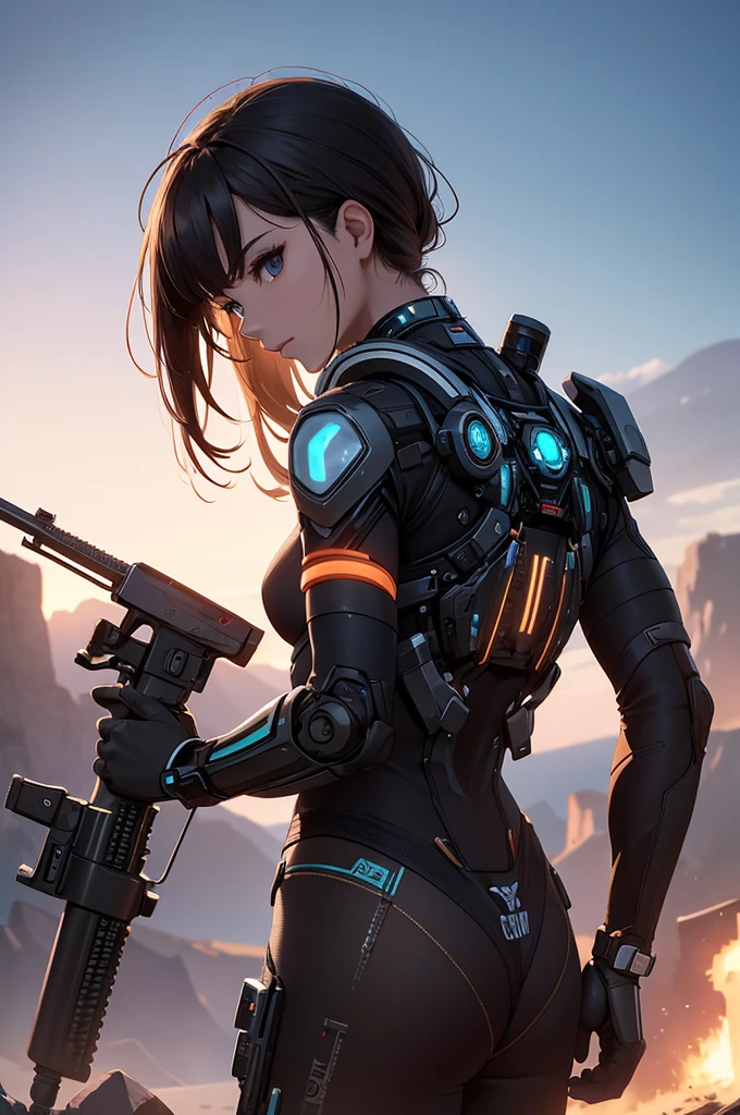ultra-high resolution, best qualityer, photoshot, 8k, realisitic, UTOPIC TECHNOLOGICAL LANDSCAPE, WITH BIONIC MERCENARIES, shooting