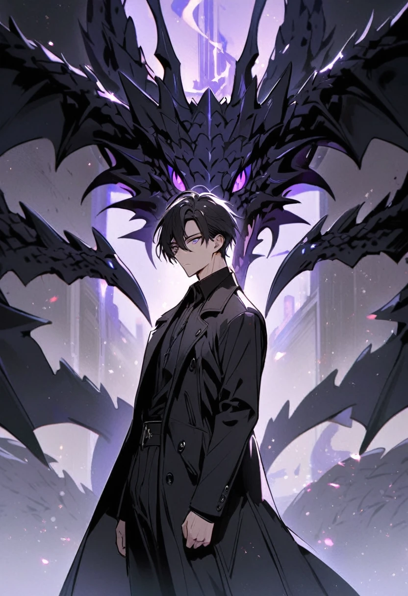 handsome, alone, 1 man, short hair, black hair, purple eyes, black shirt, black coat, black dragon