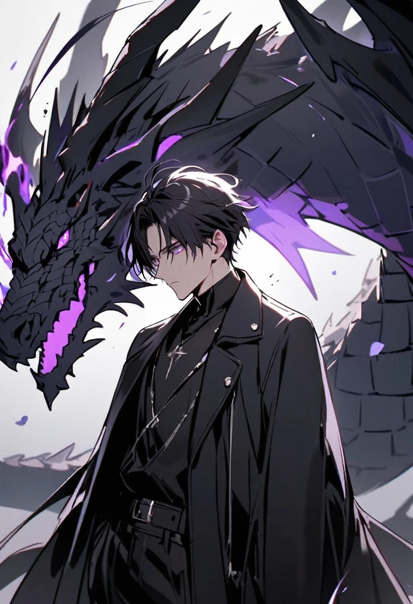 handsome, alone, 1 man, short hair, black hair, purple eyes, black shirt, black coat, black dragon