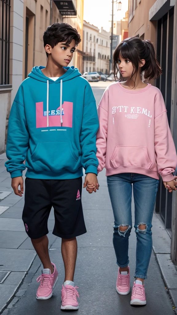 boy and girl holding hands. The boy in the blue sweatshirt and the name Abel written on the sweatshirt and the girl in the pink sweatshirt with the name Estela