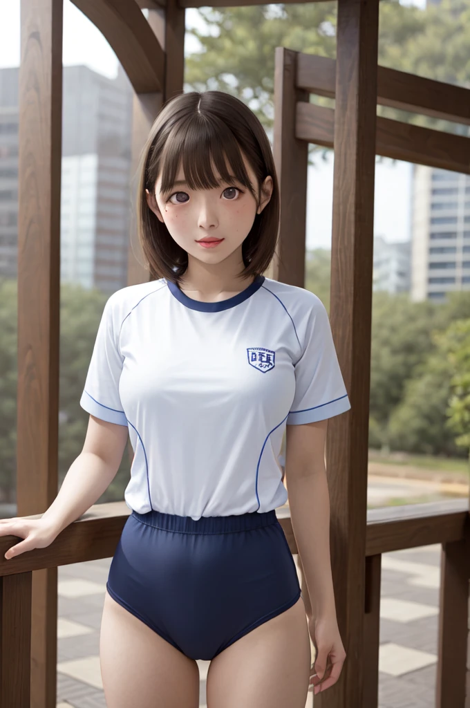 masterpiece, best quality, highres, aanene, short hair, buruma,gym uniform, standing, cowboy shot, outdoors, ahegao,nsfw,