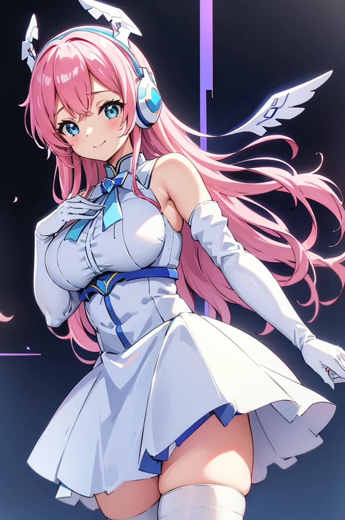 Mecha Wings、White and blue skirt、Accentuated thighs、White tights、chest、Beautiful pink hair、1 girl、solo girl、Thick thighs、is、Frame Arms Girl、Alice Gere Aegis、White Armor、Blue and purple lines、income、headphone、hand on own chest、smile