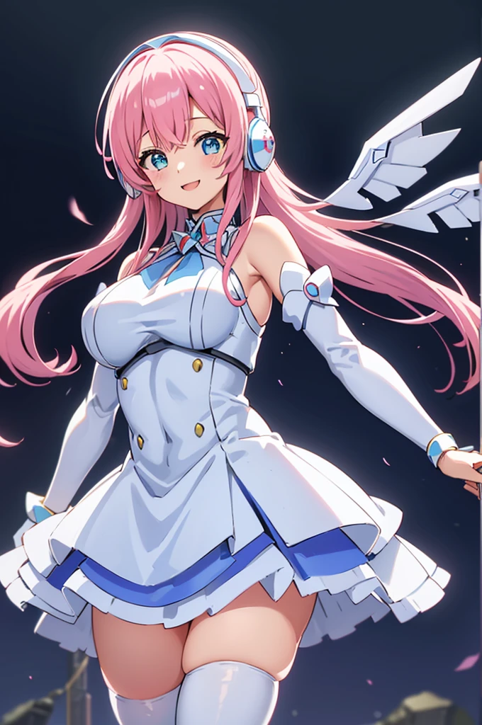 Mecha Wings、White and blue skirt、Accentuated thighs、White tights、chest、Beautiful pink hair、1 girl、solo girl、Thick thighs、is、Frame Arms Girl、Alice Gere Aegis、White Armor、Blue and purple lines、income、headphone、hand on own chest、smile