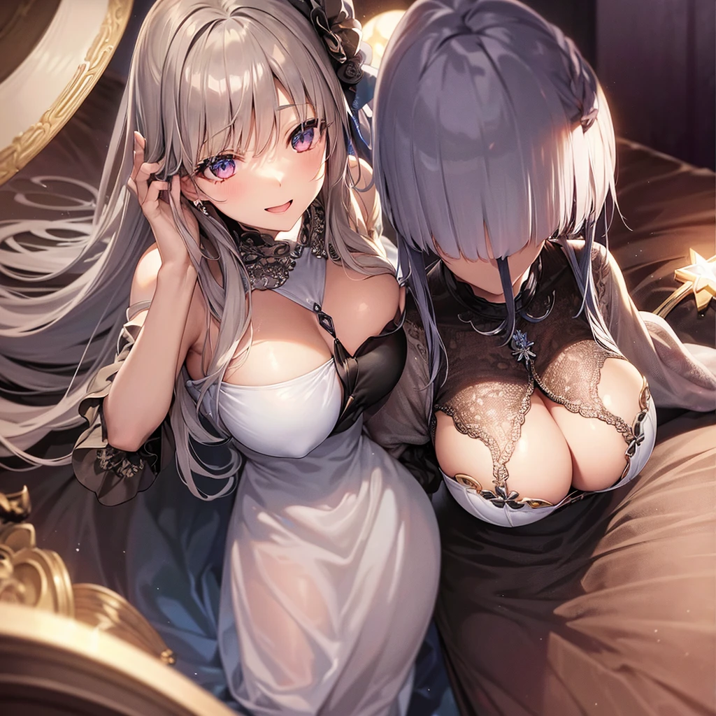 1Mature women、STAR、Asuna、Silver Hair、makeup、Big Breasts、Cleavage Emphasis。
Smiling expression。
Brown dress、Glossy clothing。Glossy Skin。Moonlight。High angle。
bloom effect。super high quality。Ultra-high resolution。