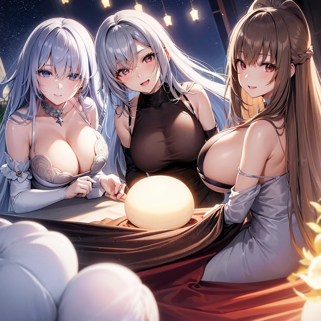 1Mature women、STAR、Asuna、Silver Hair、makeup、Big Breasts、Cleavage Emphasis。
Smiling expression。
Brown dress、Glossy clothing。Glossy Skin。Moonlight。High angle。
bloom effect。super high quality。Ultra-high resolution。