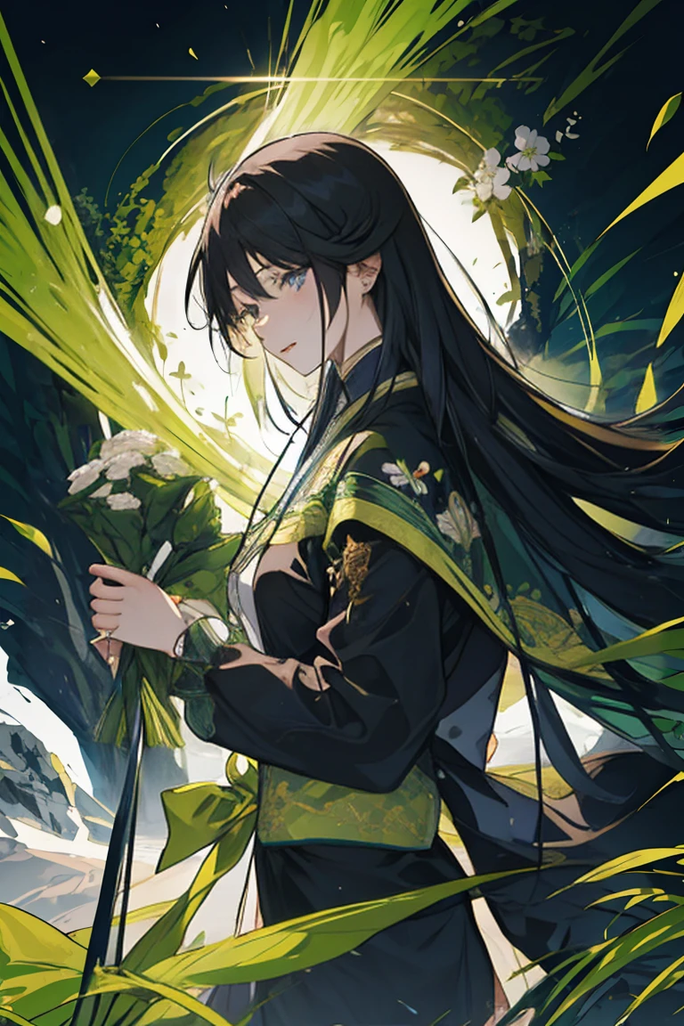 Rogue, 1man, fantasy ,longhair, greeneyes, samuraistyle, blackhairhightlightgreen, japan, handsome, 21yearold,