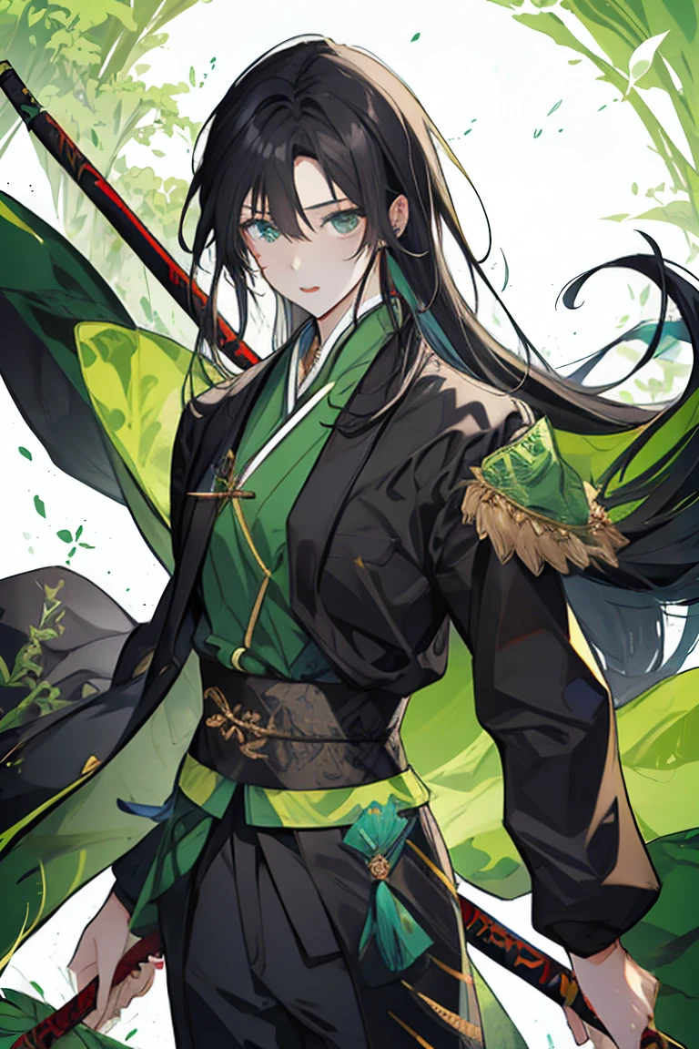 Rogue, 1man, fantasy ,longhair, greeneyes, samuraistyle, blackhairhightlightgreen, japan, handsome, 21yearold, 