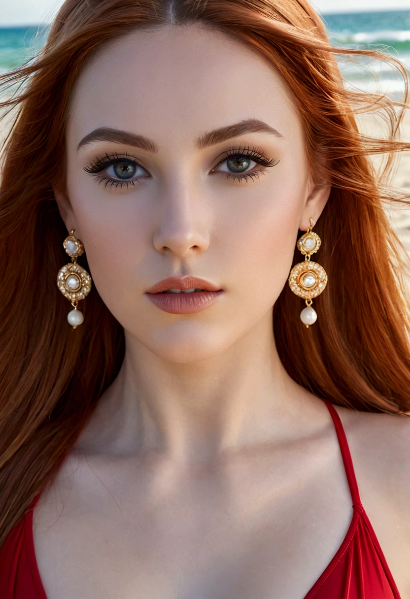 ultra realistic, photography, long red hair, girl, 24 years old, (From a straight above), female is standing on the beach in the sand at the water taking a selfie with her iphone, her eyes gazing up toward the phone. She exuded confidence and elegance, with every aspect of her appearance meticulously styled. Her face was adorned with flawless makeup—mascara, eyeliner, and striking eye shadow that enhanced her captivating gaze. Long, fluttering lashes added a touch of allure. bright eyes, cleavage Her ears shimmered with elegant earrings, complementing her stylish hairstyle, which was expertly arranged to showcase her beauty. The teacher's attire exuded professionalism and sophistication, while still maintaining a touch of glamour. She wore a red bikini. The scene unfolded on a beach at the shore in the water, creating a contrast between the glamorous teacher and her surroundings. Despite the unconventional location, her presence exuded confidence and a sense of authority. From this birds-eye perspective, she appeared as a beacon of knowledge, ready to impart wisdom and inspire her students with her undeniable grace and beauty. beautiful detailed nose, beautiful detailed thigh, (beautiful detailed eyes), (complete perfect body), abs, perfect body proportion, (looking at iphone)