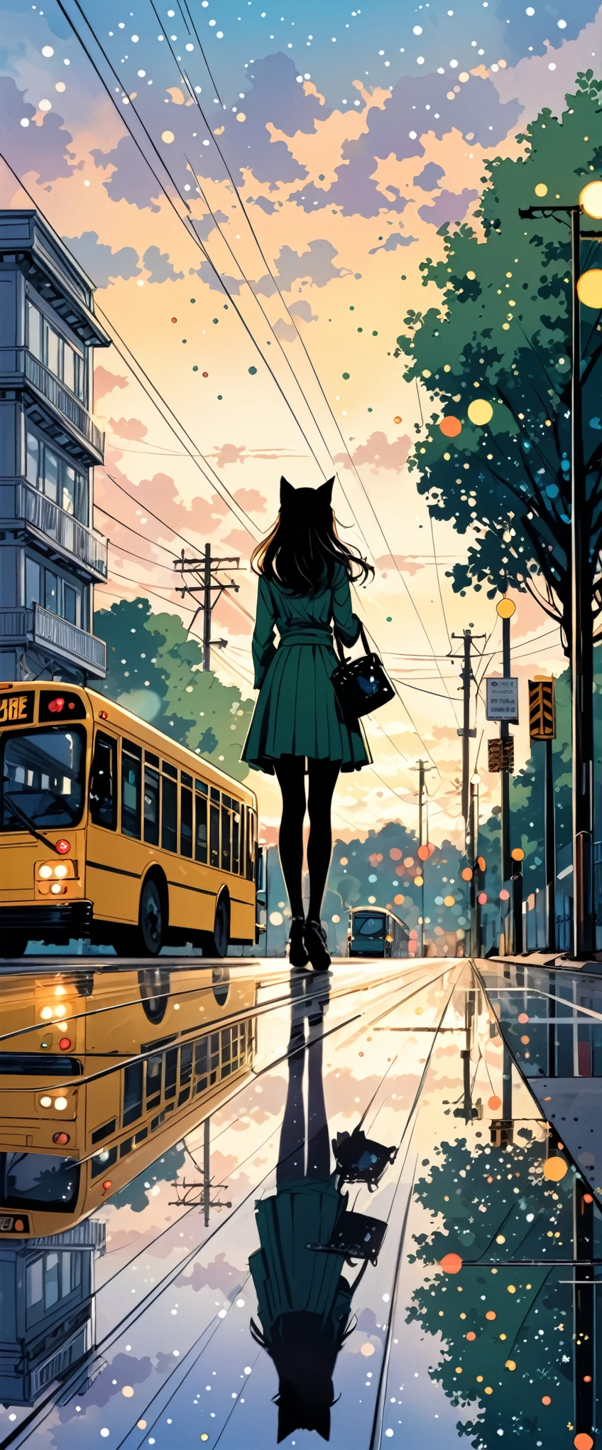in style of Harry Clarke，((((1Girl and a Cat))))，garbage can，telephone pole，Corner，the bus，shrub，Ferris wheel，cloudy day， (((bokeh, Motion Blur，blur background)))，Comic Style，Vanishing Point Composition，