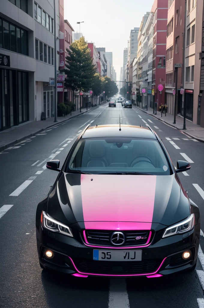 A black car with pink LED on a road with natural daylight lighting (high qualiy)