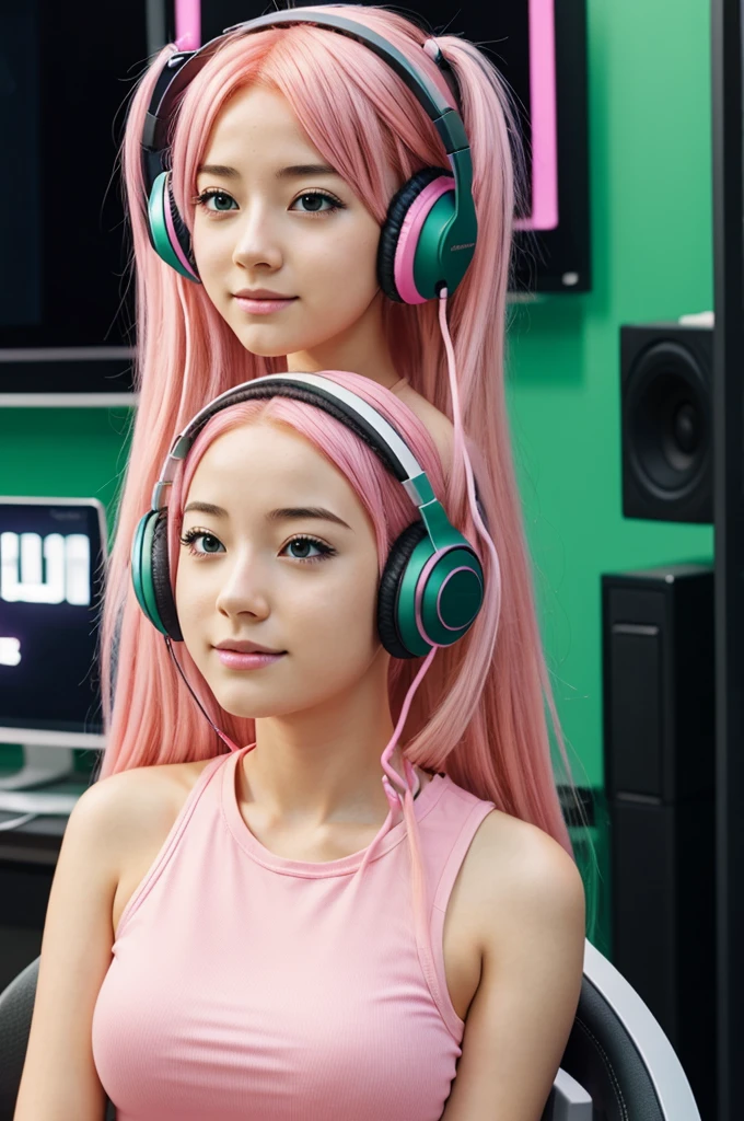 Anime girl with pink hair and headphones green screen