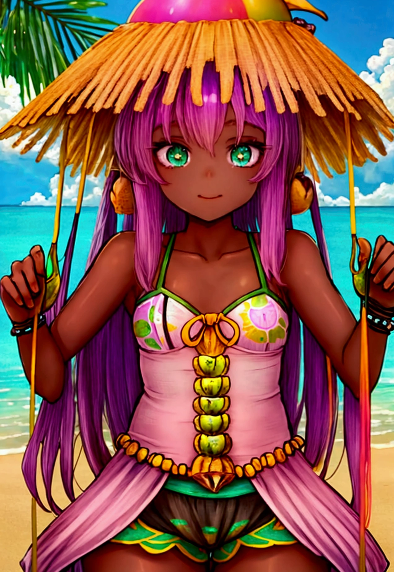 ((Artwork, high quality)), (black girl), (pink hair), (green eyes), (wearing a beach outfit), (at a large party), (decorated with small coconuts, small eggplants, and small bananas).



