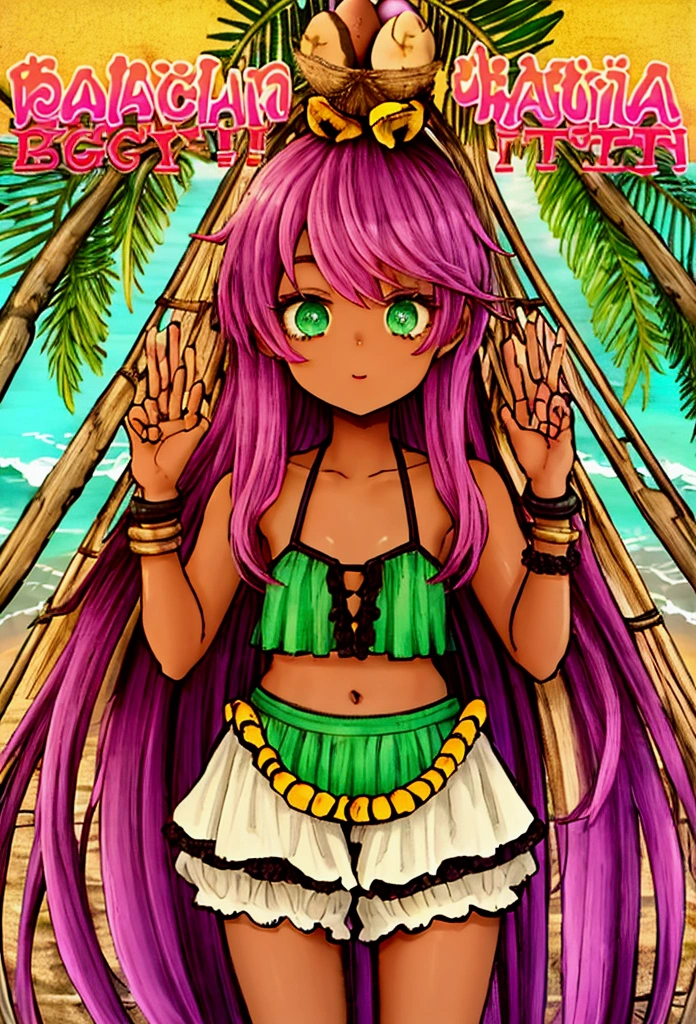 ((Artwork, high quality)), (black girl), (pink hair), (green eyes), (wearing a beach outfit), (at a large party), (decorated with small coconuts, small eggplants, and small bananas).



