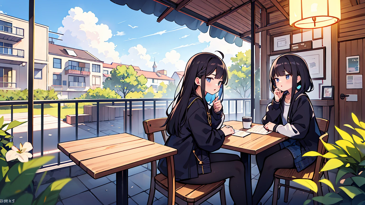 (masterpiece, best quality),18 years old, 2 women, black long hair,golden bob, different faces, modern design cafe,outdoors, stylish outfit, chapped lips, cloud, sunlight, casual attire,sony headset, whole body, from the side, study at the table,My eyes are on the note, stylish outfit, The interior has a very hip design.