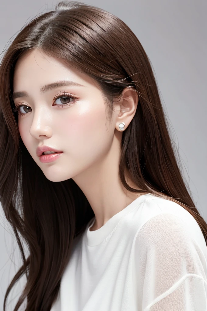 (Highest quality、Tabletop、8k、Best image quality、Award-winning works)、((profile:1.4))、ear、((Long Hair:1.46)),(Brown Hair)、(White casual clothes:1.2)、(The simplest pure white background:1.3)、(Perfectly fixed in front:1.1),(Portrait with Space:1.2)、Beautiful and exquisite、Perfect Makeup、Ultra-high definition beauty face、Ultra HD Hair、Ultra HD Shining Eyes、Super high quality glossy lip、Accurate anatomy、Very beautiful skin、(Pure white skin shining in ultra-high resolution:1.1)、(Very bright:1.2),Big Natural Color Lip、Lip gloss,Harajuku、cute、cute美人