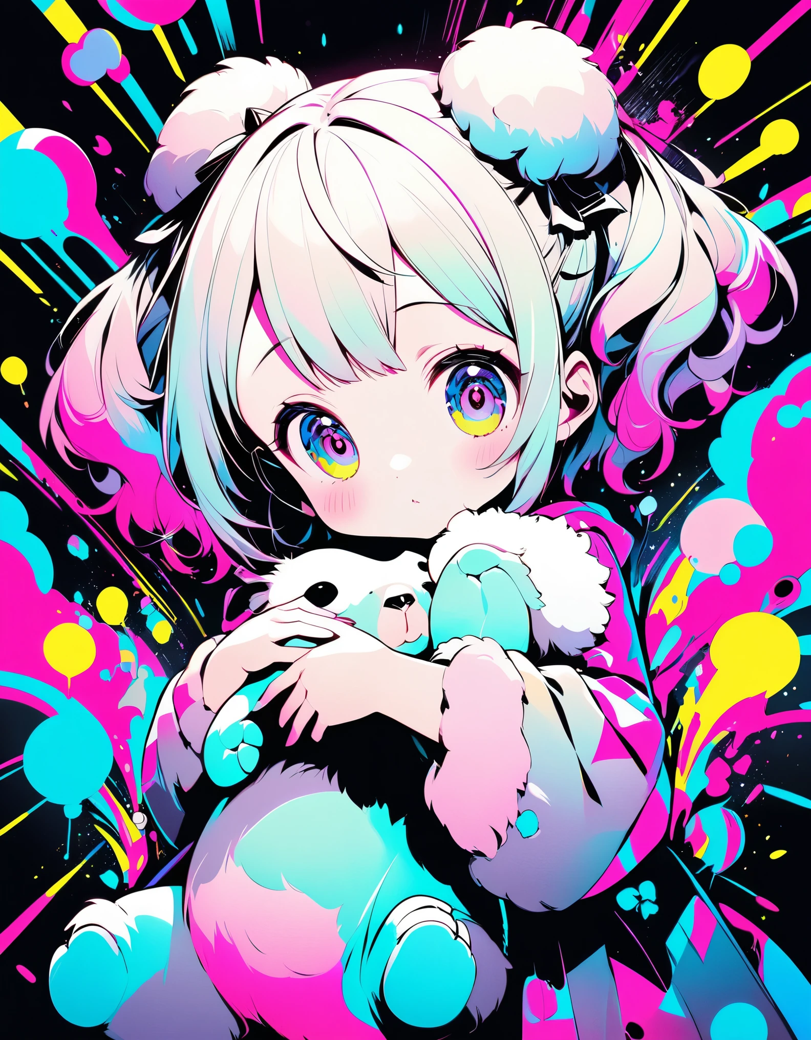 cute, Ultra-small deformation, High contrast fluffy characters, Girl hugging a koala, Vibrant colors, High contrast and vivid spray work, High contrast to emphasize soft images, Pop background in pastel colors, Characters that captivate the audience