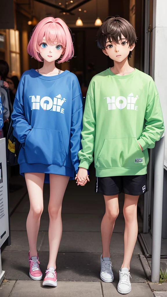 boy and girl holding hands. The boy in the blue sweatshirt and the name Abel written on the sweatshirt and the girl in the pink sweatshirt with the name Estela