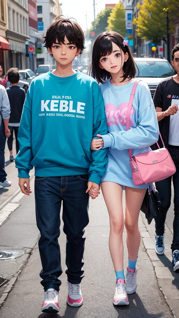 boy and girl holding hands. The boy in the blue sweatshirt and the name Abel written on the sweatshirt and the girl in the pink sweatshirt with the name Estela