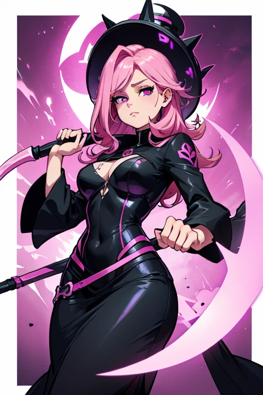 Perfect face. Perfect hands. A pink haired female reaper with violet eyes with an hourglass figure is spinning her scythe in a shrine