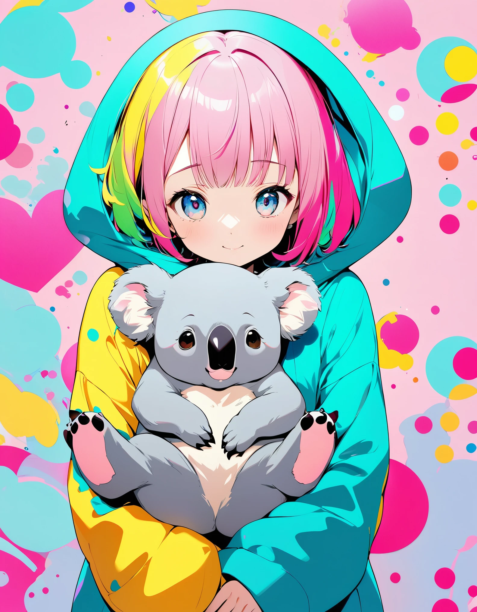 cute, Ultra-small deformation, High contrast fluffy characters, Girl hugging a koala, Vibrant colors, High contrast and vivid spray work, High contrast to emphasize soft images, Pop background in pastel colors, Characters that captivate the audience