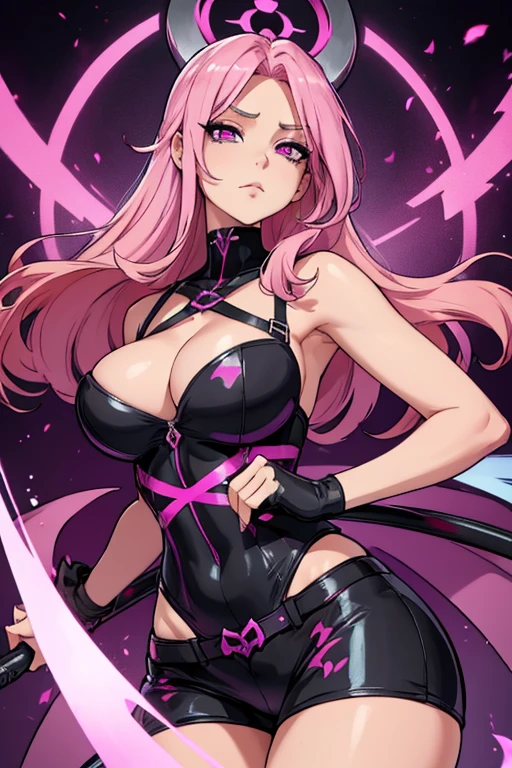 Perfect face. Perfect hands. A pink haired female reaper with violet eyes with an hourglass figure is spinning her scythe in a shrine