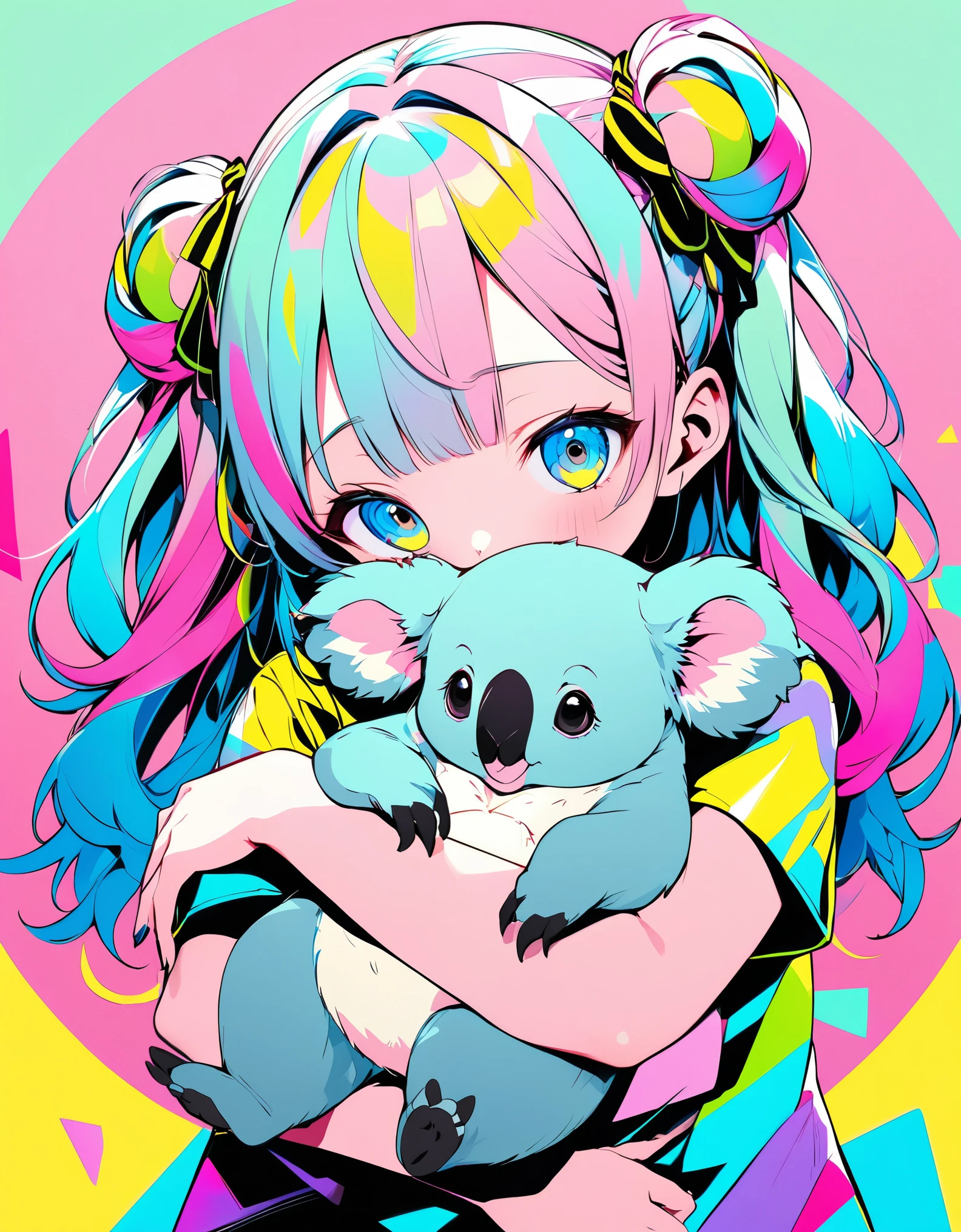 cute, Ultra-small deformation, High contrast fluffy characters, Girl hugging a koala, Vibrant colors, High contrast and vivid spray work, High contrast to emphasize soft images, Pop background in pastel colors, Characters that captivate the audience