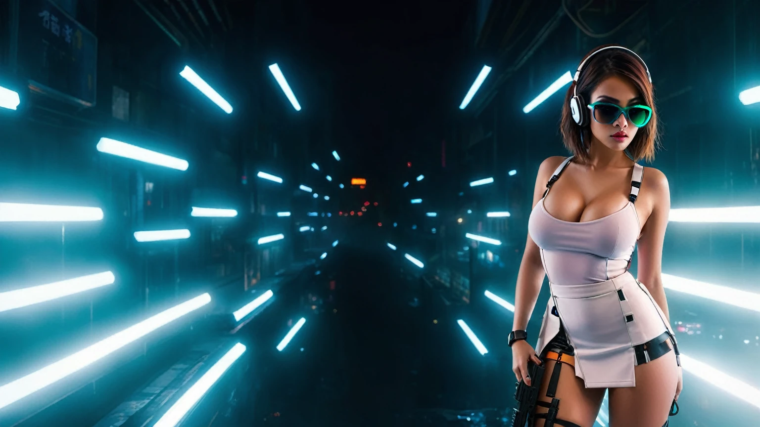 dark futuristic landscape, at night, neon lights, Atmospheric fog, large buildings in the background, futuristic city, streets with open shops, skyscraper (postapocalyptic city:1.3). (((1girl, solo, alone))), large-breast:1.2 slim body, cleavage:1.1, sexy miniskirt, (((headphone, black sunglasses, standing and holding pistol pose))), (((half-body thigh level medium shot))), cinematic lighting, lens flare, ray tracing.