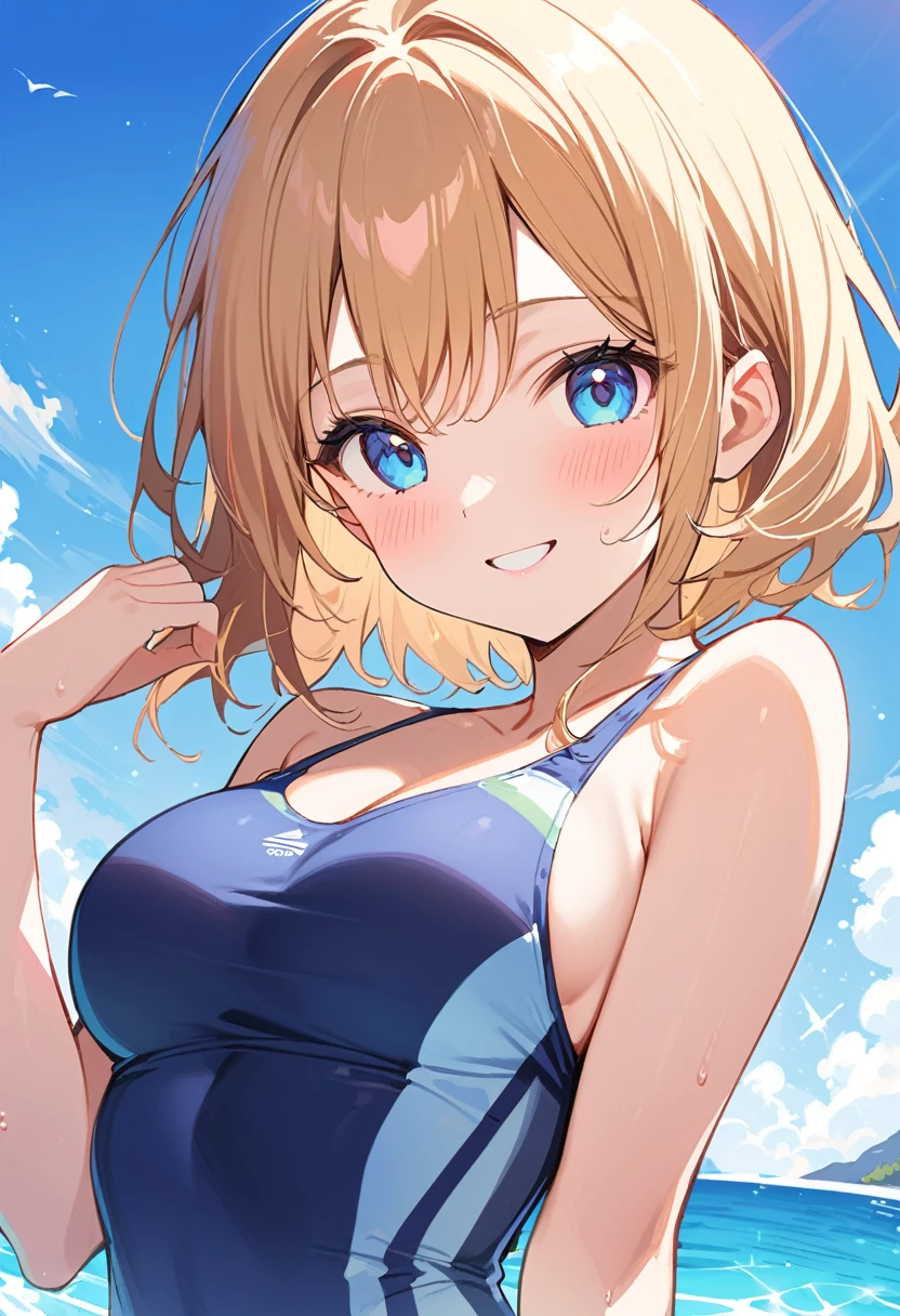 Highest quality、masterpiece、(1 adult female:1.3)、(Soft Bust:1.2)、nature 、Navy blue swimsuit,Girl in competitive swimsuit,beautiful,smile,Pool,Tempting,((Looking at the audience)、Textured skin、(smile)、blush、(Blue summer sky:1.3),(ビーチPoolのbeautiful背景:1.3)