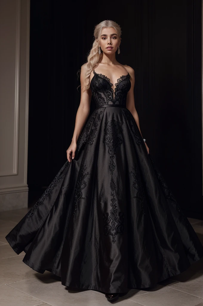 A full-body image of Aurora Sterling, an elegant and sophisticated diva, posing in an exquisite black evening gown with intricate lace detailing. She has long platinum blonde hair styled in a sleek updo and is accessorized with pearl earrings and a silver clutch. She stands with poise and grace.