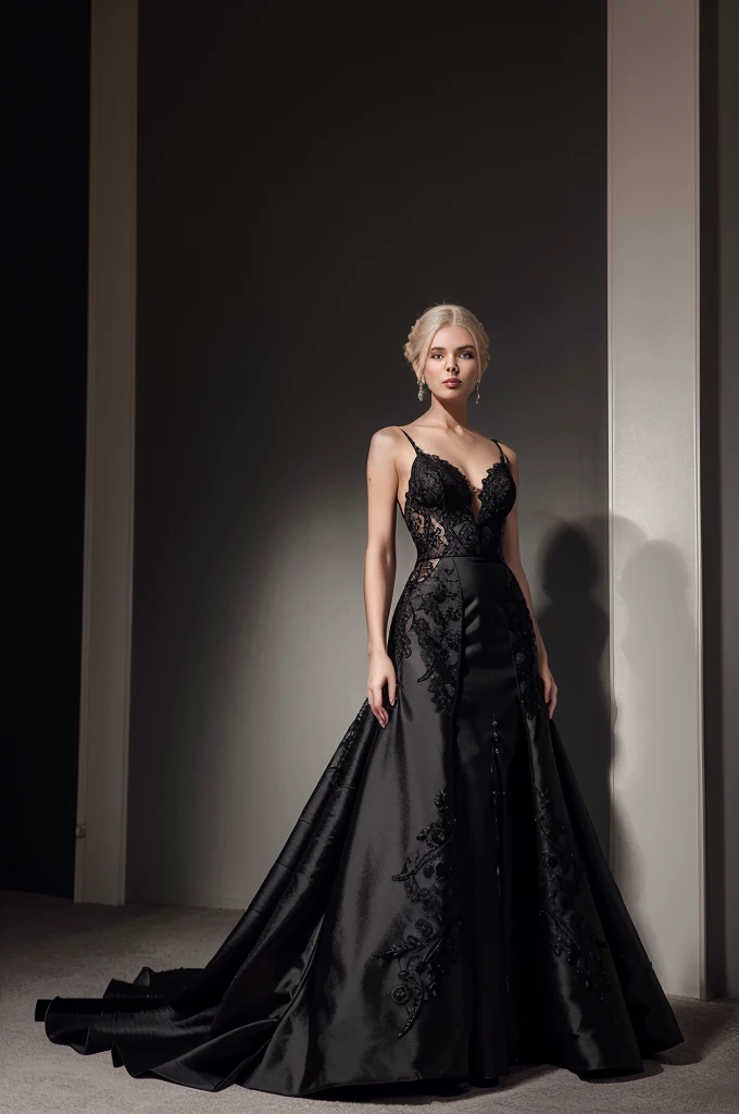 A full-body image of Aurora Sterling, an elegant and sophisticated diva, posing in an exquisite black evening gown with intricate lace detailing. She has long platinum blonde hair styled in a sleek updo and is accessorized with pearl earrings and a silver clutch. She stands with poise and grace.