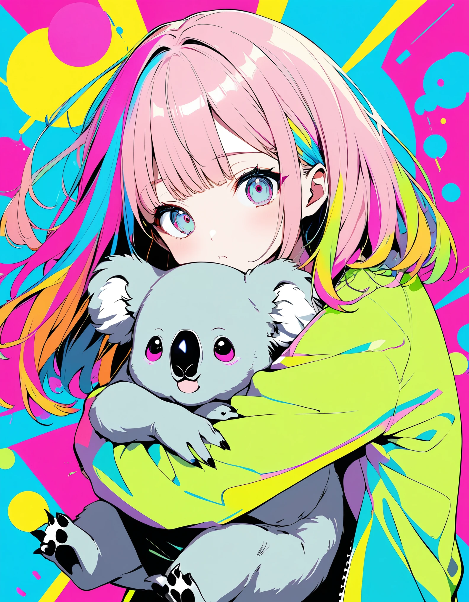 cute, Ultra-small deformation, High contrast fluffy characters, Girl hugging a koala, Vibrant colors, High contrast and vivid spray work, High contrast to emphasize soft images, Pop background in pastel colors, Characters that captivate the audience