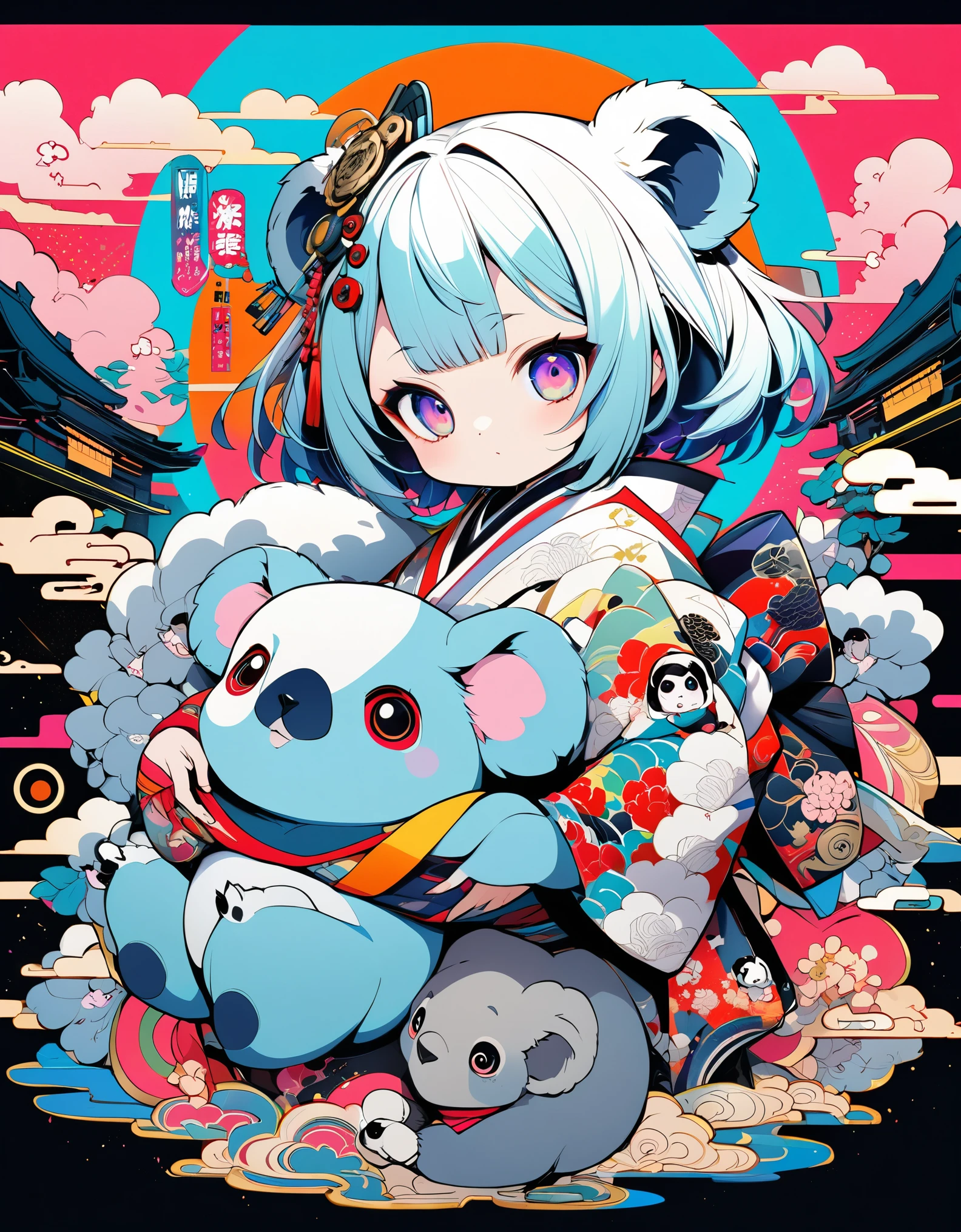 cute, Ultra-small deformation, High contrast fluffy characters, Girl hugging a koala, Vibrant colors, High contrast and vivid spray work, High contrast to emphasize soft images, Pop background in pastel colors, Characters that captivate the audience