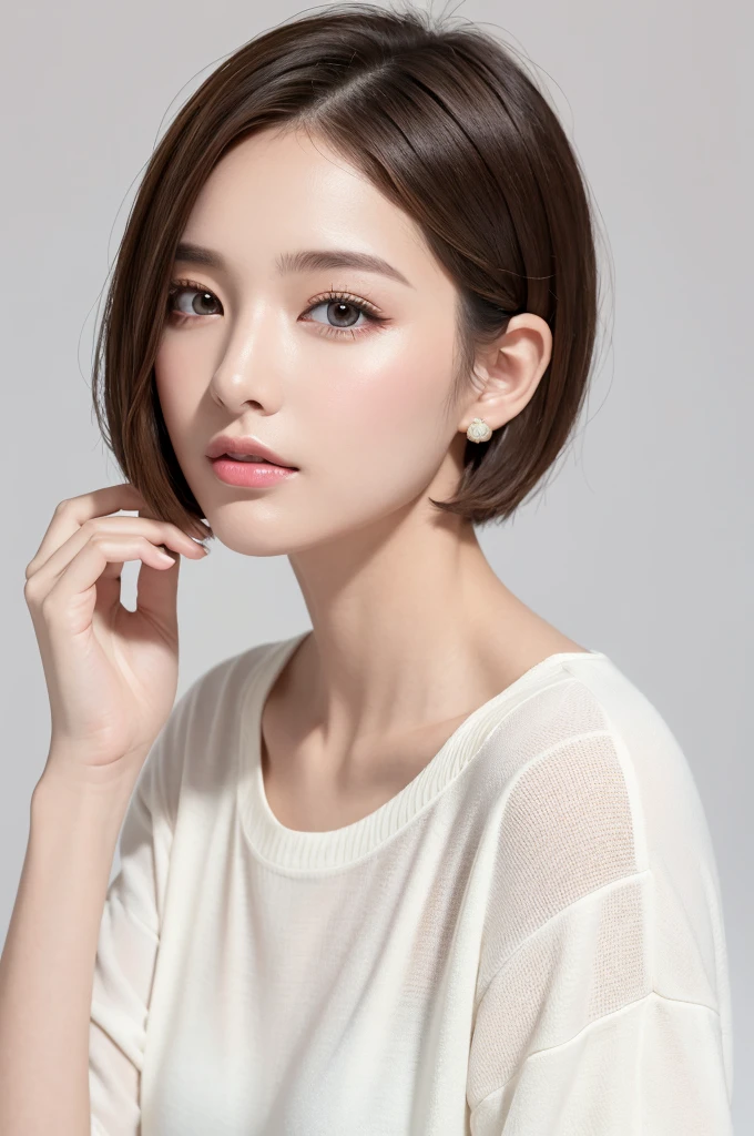 (Highest quality、Tabletop、8k、Best image quality、Award-winning works)、((profile:1.4))、ear、((short hair:1.46)),(Brown Hair)、(White casual clothes:1.2)、(The simplest pure white background:1.3)、(Perfectly fixed in front:1.1),(Portrait with Space:1.2)、Beautiful and exquisite、Perfect Makeup、Ultra-high definition beauty face、Ultra HD Hair、Ultra HD Shining Eyes、Super high quality glossy lip、Accurate anatomy、Very beautiful skin、(Pure white skin shining in ultra-high resolution:1.1)、(Very bright:1.2),Big Natural Color Lip、Lip gloss,Harajuku、cute、cute美人