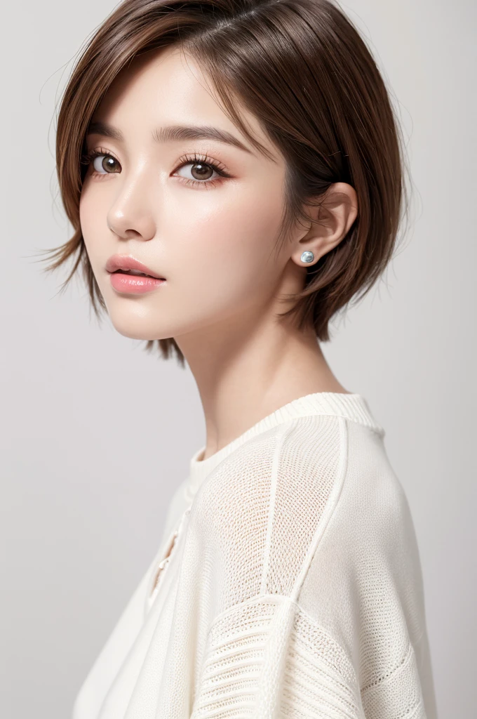 (Highest quality、Tabletop、8k、Best image quality、Award-winning works)、((profile:1.4))、ear、((short hair:1.46)),(Brown Hair)、(White casual clothes:1.2)、(The simplest pure white background:1.3)、(Perfectly fixed in front:1.1),(Portrait with Space:1.2)、Beautiful and exquisite、Perfect Makeup、Ultra-high definition beauty face、Ultra HD Hair、Ultra HD Shining Eyes、Super high quality glossy lip、Accurate anatomy、Very beautiful skin、(Pure white skin shining in ultra-high resolution:1.1)、(Very bright:1.2),Big Natural Color Lip、Lip gloss,Harajuku、cute、cute美人