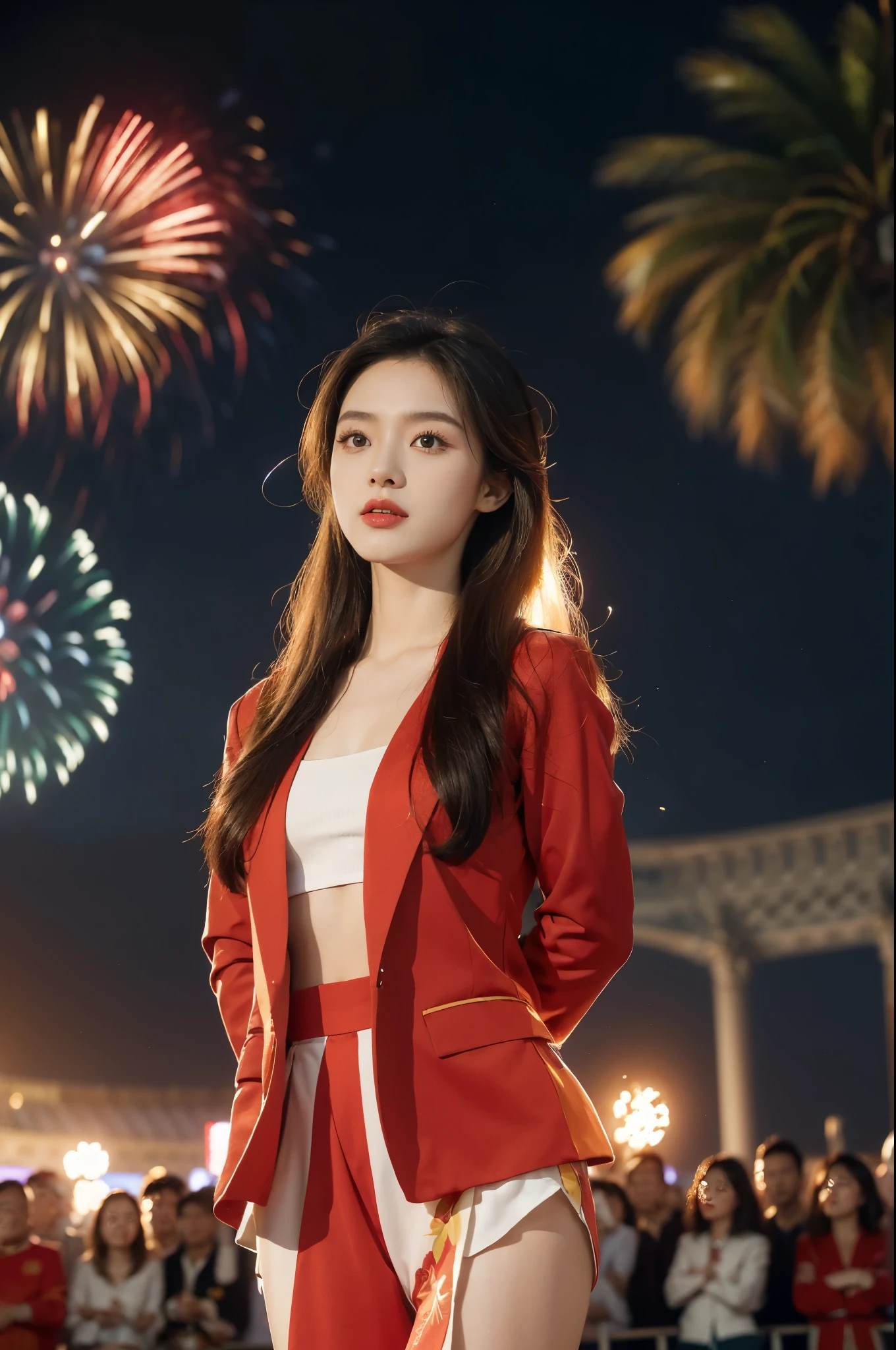 (((best quality))),(((ultra detailed))),(((masterpiece))),illustration, ((Olympic Opening Ceremony,in Paris,summer night,magnificent National stadium of France,Olympic flame, fireworks)),(crowded crowds of enthusiastic spectators:1.3),((a beautiful Chinese girl,solo)),((shoulder length straight hair:1.2)),((slim,thin)),((small breasts,flat chest)),(red blazer:1.5),(yellow dress:1.2),(slender legs:1.2),excited expression, awe, celebrating, electric atmosphere, sense of pride, excitement, playing field, crowd energy, unity, camaraderie, representing China, historic event, memorable moment,((standing,arms behind back)),((from front,upper body))